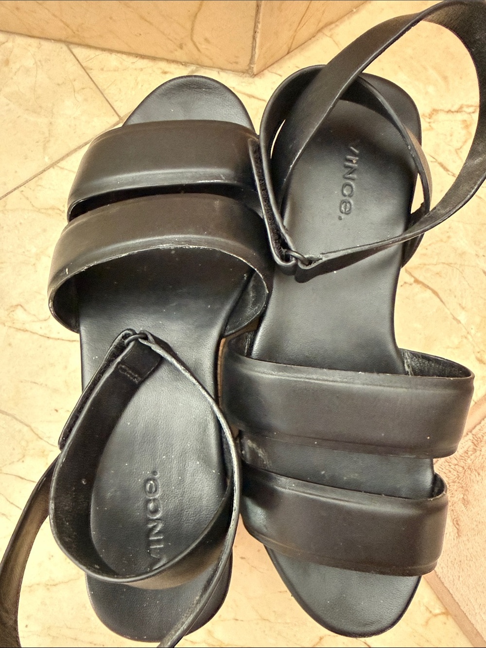 Vince Black Leather Double-Strap Ankle Sandals